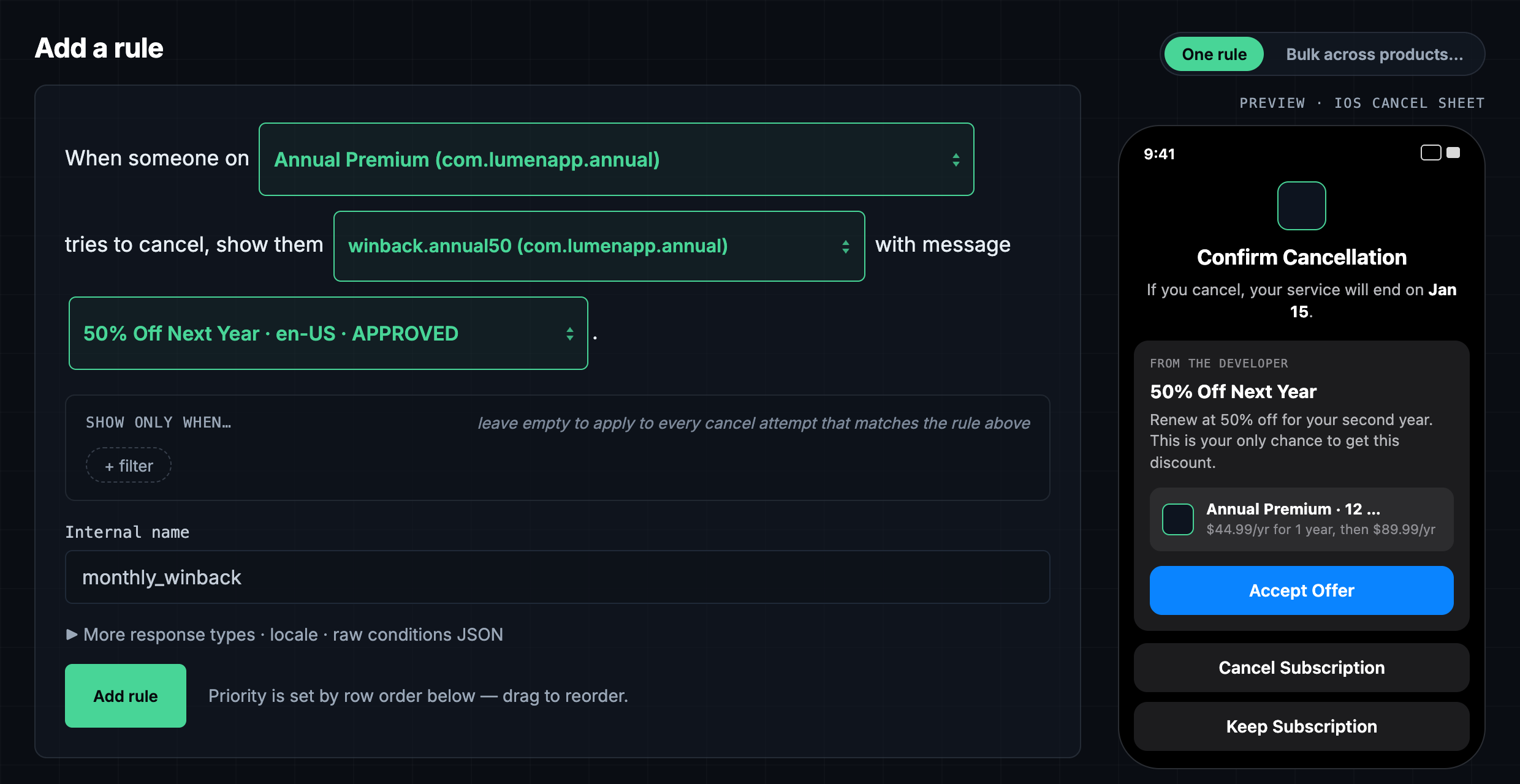 RetainKit flow builder: a retention rule written as a sentence, beside a live iOS cancel-sheet preview