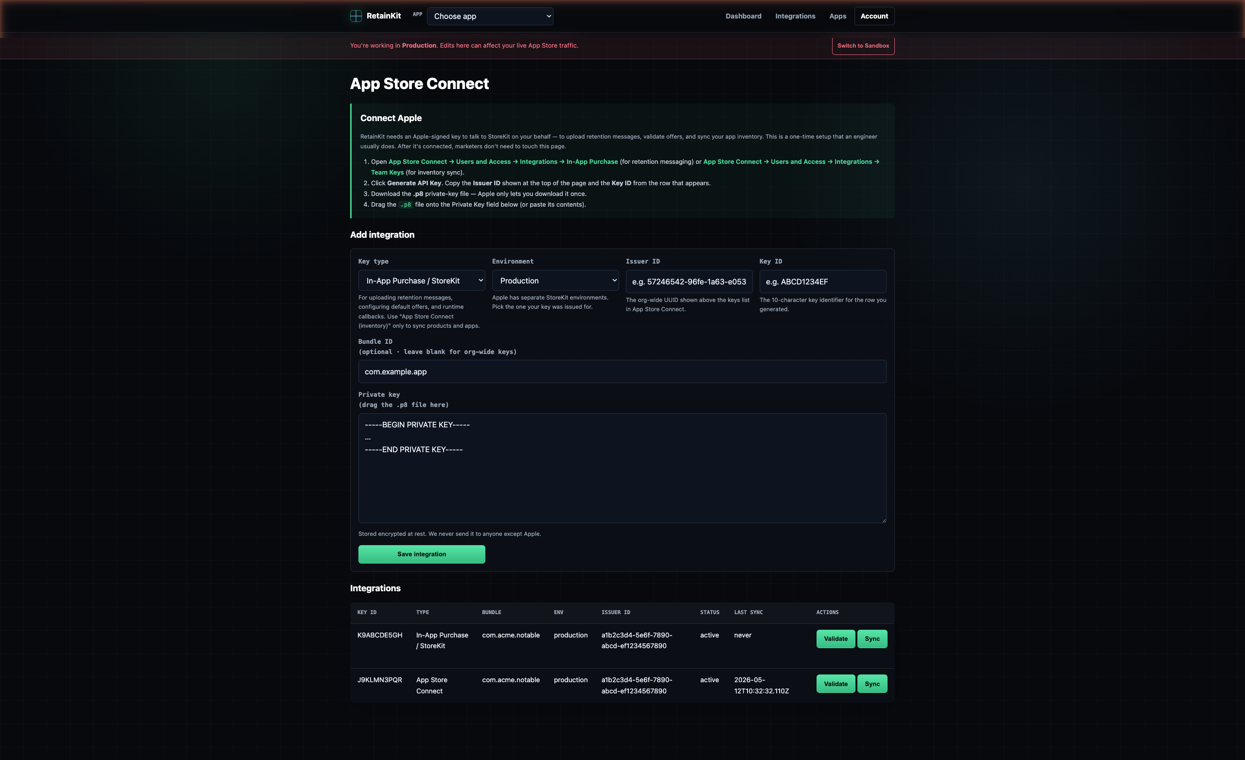 RetainKit Integrations page showing App Store Connect .p8 key upload