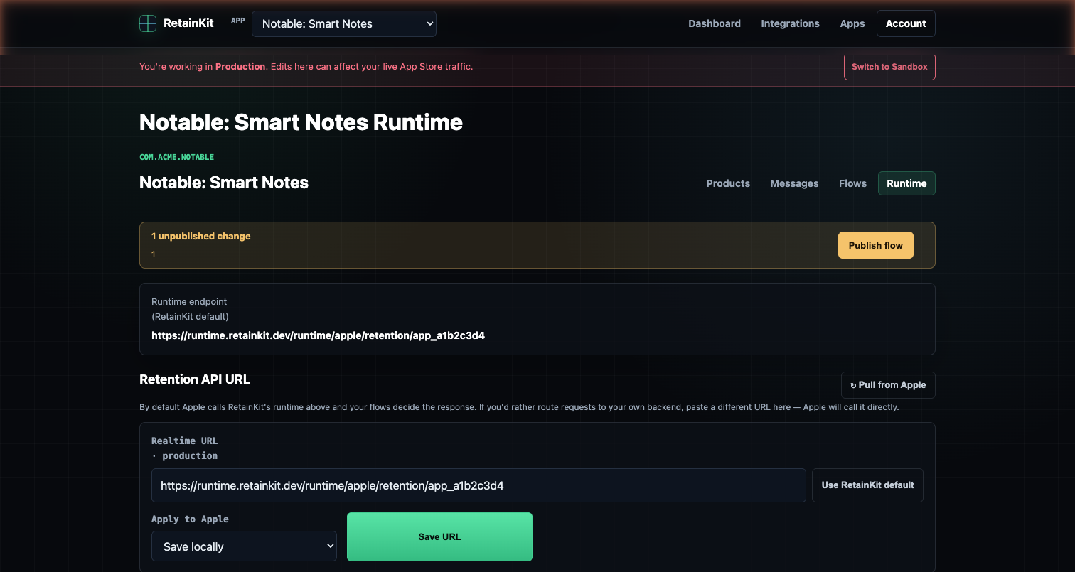 RetainKit Runtime page showing the hosted endpoint URL that Apple calls